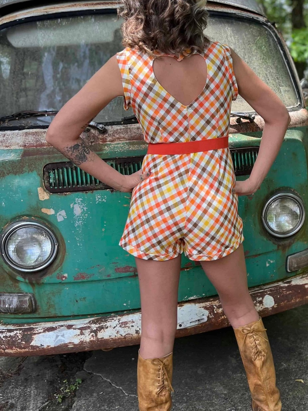 Smak Parlour 1970s Pumpkin Spice Gingham Romper 1XL/16 Hippie